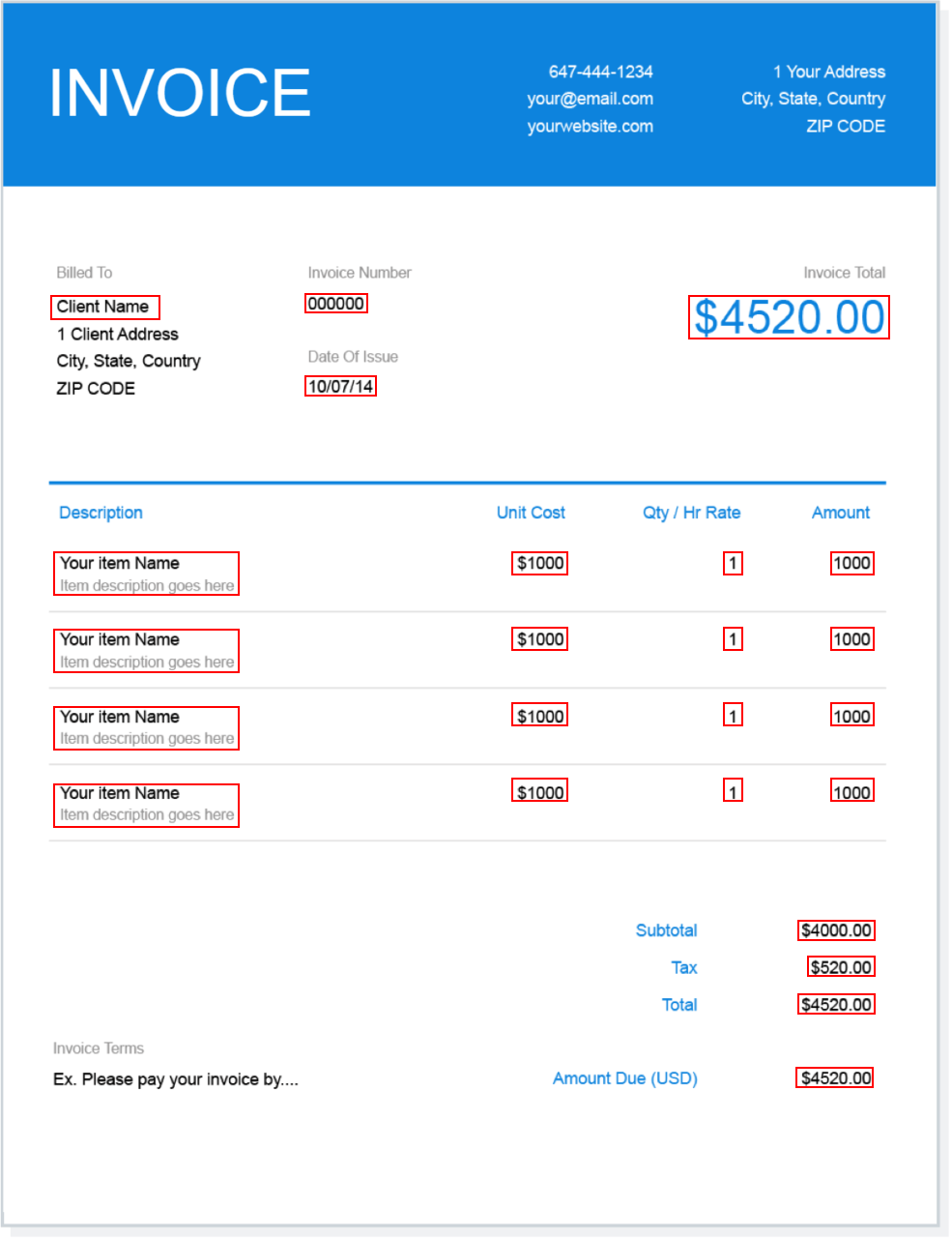 annotated invoice document for RPA