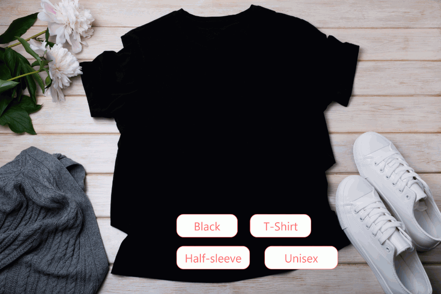 a black t shirt with annotations for product discovery