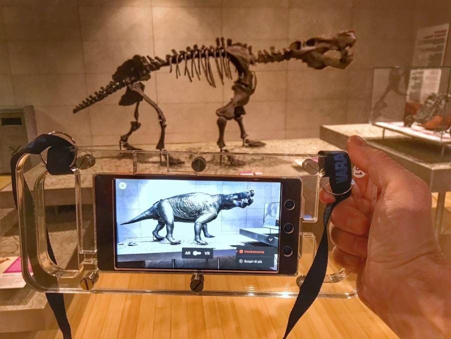 reconstructed dinosaur in a museum using AI and VR